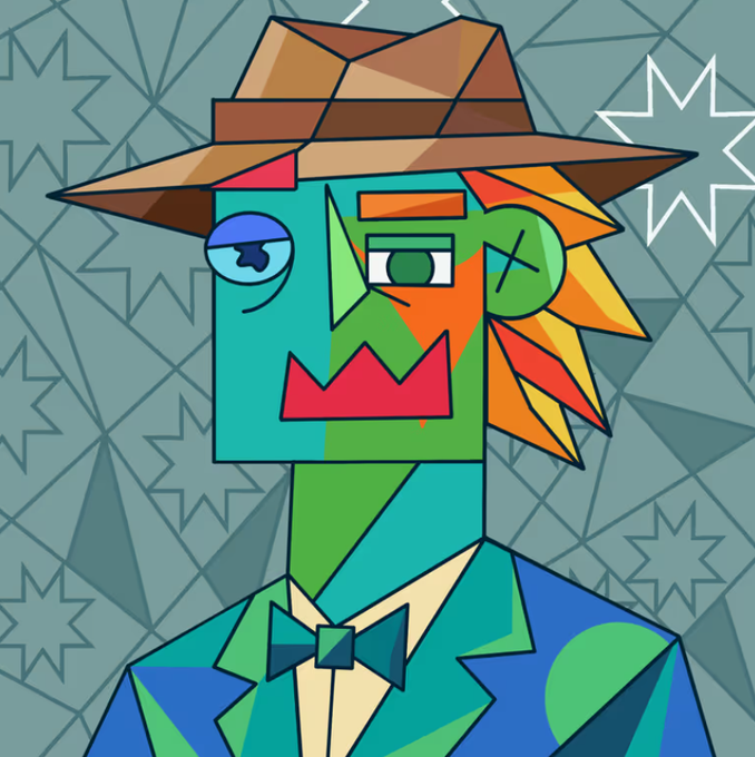 A vibrant cubist-style digital illustration of a figure with a brown fedora, a blue and green fragmented face, and a green suit with a bow tie.