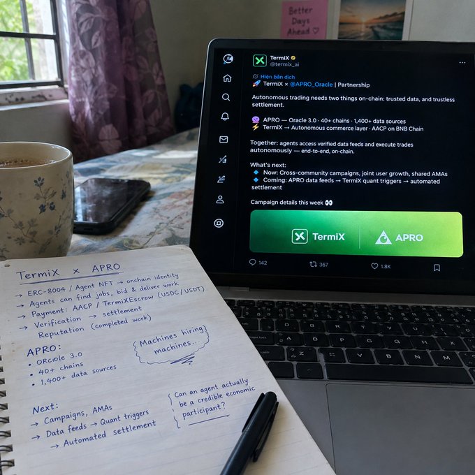 A workspace shows handwritten notes about TermiX and APRO partnership (ERC-8004/Agent NFT, 40+ chains) next to a laptop displaying their Twitter/X announcement about autonomous trading on BNB Chain.