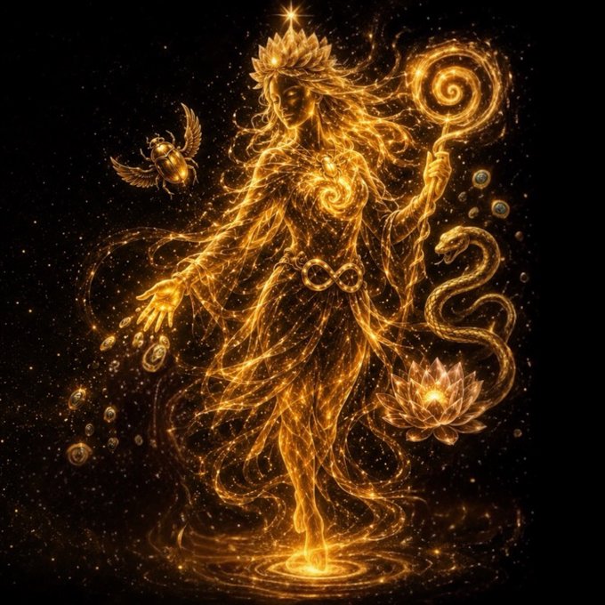 The image features a woman with long hair wearing a crown, holding a staff or wand, surrounded by gold particles floating around her. The background is black, which contrasts with the golden elements of the scene. The caption reads "Happy Sunday everyone. It' s the last Sunday and the last day of May 2026".