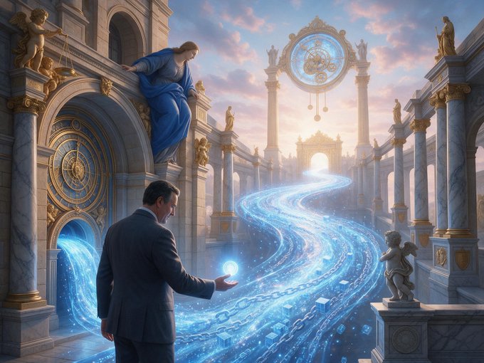 A fantasy digital artwork depicting a man in a suit holding a glowing orb before a majestic, ethereal architectural structure with marble columns, a flowing blue energy river, classical statues, and a large ornate clock.