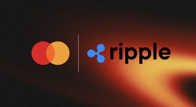 The image features a logo for Ripple, which is displayed against a black background with an orange glow. The Ripple logo consists of two circles - one red and one blue - positioned above the word "RIPPLE" written in white letters. Below the logo, there's text that reads "IT'S OFFICIAL MASTERCARD X RIPPLE MASTERCARD WILL USE $XRP". This suggests that Ripple is a cryptocurrency or digital currency, and it uses Mastercard as its payment processor for transactions involving Ripple tokens.