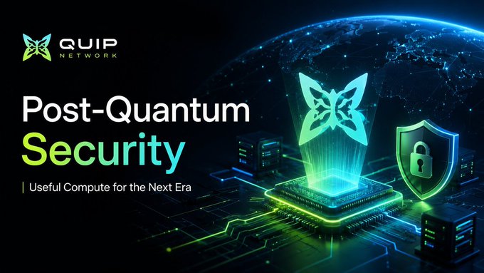 A promotional graphic for 'Quip Network' featuring the tagline 'Post-Quantum Security | Useful Compute for the Next Era' with a glowing chip and shield icon on a tech-themed background