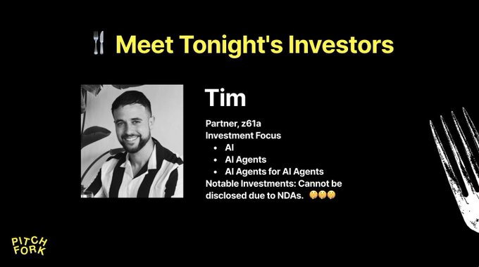Pitchfork investor profile introducing 'Tim, Partner at z61a' whose investment focus is AI, AI Agents, and AI Agents for AI Agents, with notable investments undisclosed due to NDAs.