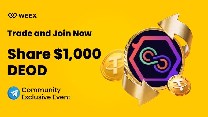 A WEEX promotional graphic offering 'Share $1,000 DEOD' in a community exclusive event, featuring a colorful hexagonal coin design.