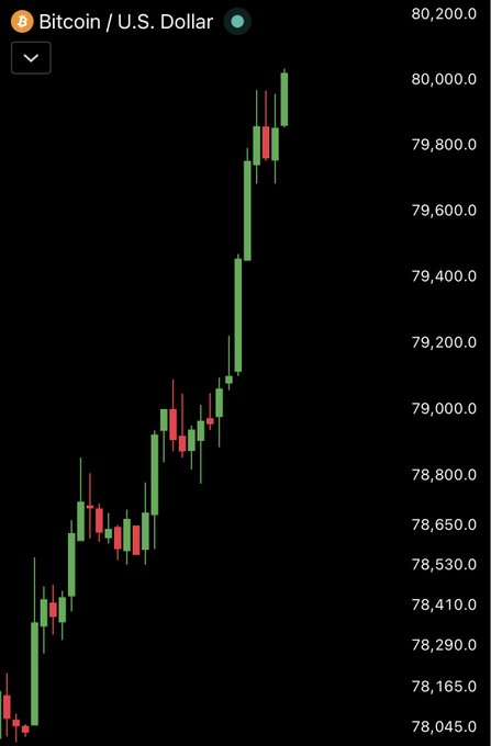 A candlestick chart showing the price of Bitcoin (Bitcoin / U.S. Dollar) trending upward from approximately $78,045 to over $80,200.