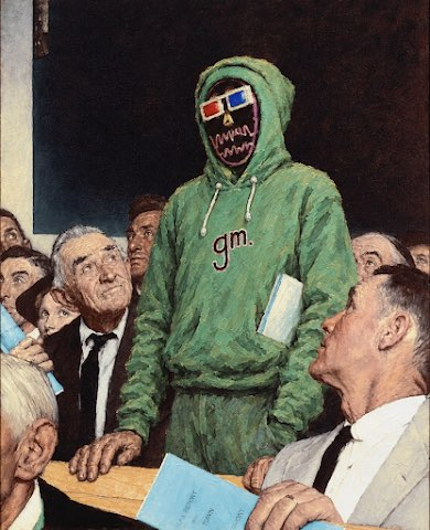 An edited painting depicts a figure in a green hoodie with red-blue 3D glasses and a grinning mask, labeled 'gm.', standing among formally dressed onlookers in what appears to be a courtroom scene.