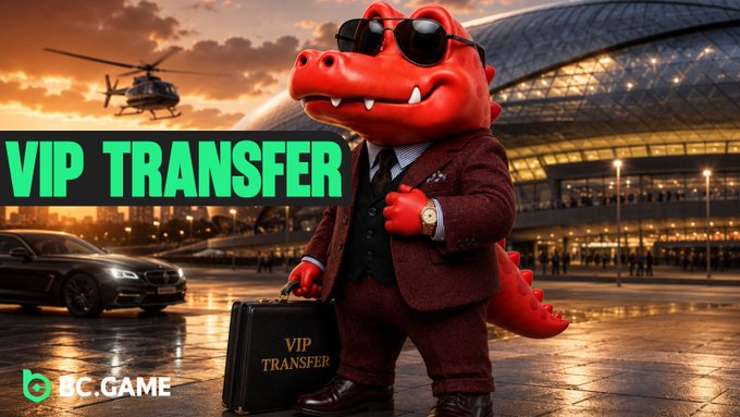 A promotional image for BC.GAME's 'VIP TRANSFER' featuring a red crocodile mascot in a suit holding a 'VIP TRANSFER' briefcase at an airport terminal with a helicopter in the background.