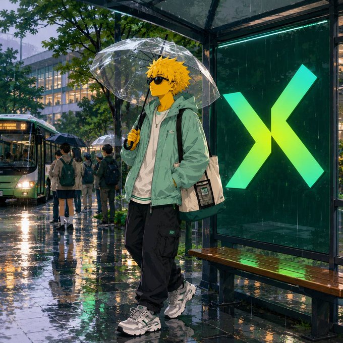 An anime-style illustration of a blonde character wearing sunglasses, a green jacket, and chunky sneakers, holding a clear umbrella at a rainy bus stop with a glowing green 'X' sign.