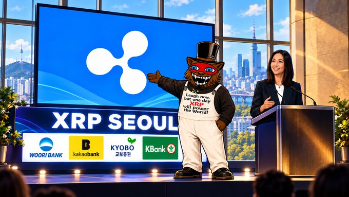 At the XRP Seoul event on October 3, a furry mascot wearing a top hat and a shirt reading "Laugh now, but one day we'll be in power" poses alongside a presenter at a podium, with a large screen displaying the Ripple (XRP) logo and signage featuring sponsors Woori Bank, Kakao Bank, Kyobo Securities, and Kbank — the four Korean banks highlighted in the post.