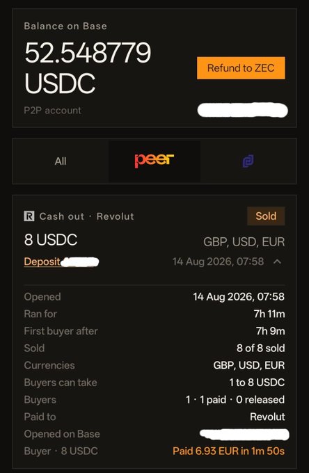 A screenshot of a Zapp wallet interface shows a balance of 52.548779 USDC on Base, with a transaction below indicating an 8 USDC cash out to Revolut that was successfully sold (paid 6.93 EUR in 1m 50s) via the peer-to-peer platform Peer.xyz. The image demonstrates the new feature allowing users to privately and directly cash out ZEC from their Zapp wallet through Peer.xyz.