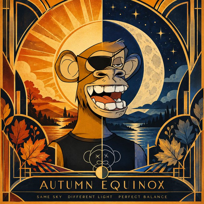 A stylized art deco poster featuring a grinning monkey wearing an eyepatch, split between a sun and moon theme, with the text 'AUTUMN EQUINOX' and 'SAME SKY · DIFFERENT LIGHT · PERFECT BALANCE' at the bottom.