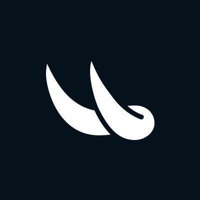 A minimalist logo featuring a stylized, flowing white "M" or abstract wing-like shape set against a solid dark background.