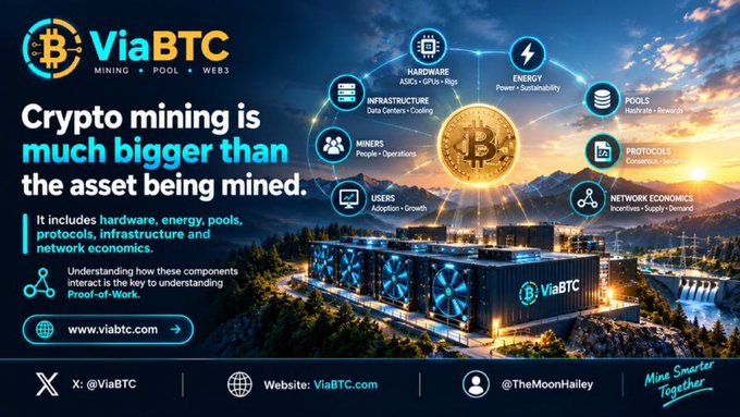 A ViaBTC advertisement declares "Crypto mining is much bigger than the asset being mined," featuring a Bitcoin symbol surrounded by icons for hardware, energy, infrastructure, miners, users, pools, protocols, and network economics, with the website viatbc.com and social media handle @ViaBTC displayed.