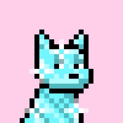 A pixel art character with a cyan face and body against a pink background.