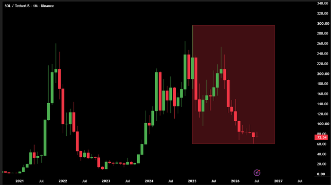 A monthly candlestick chart of SOL/TetherUS on Binance shows Solana's price action from 2021 through 2026, with a highlighted red zone marking a sharp decline from ~$240 in early 2025 down to ~$80, illustrating the consecutive red monthly closes referenced in the whale-watch post positioning this as a buying opportunity.