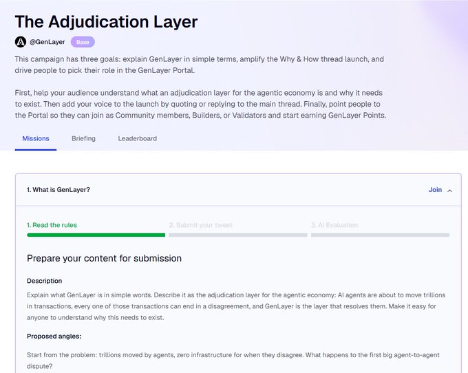 The image shows a "Missions" page for the GenLayer campaign titled "The Adjudication Layer," outlining three goals and displaying a task called "What is GenLayer?" with a submission description about explaining GenLayer as an adjudication layer for the agentic economy. It directly relates to the accompanying post by providing the source content and details (including the $5K campaign) referenced in the tweet about GenLayer's $7.5M+ raise and its role with RallyOnChain.