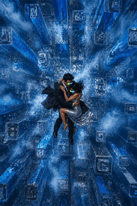 A couple embracing mid-air in a surreal blue environment filled with floating cube structures and clouds.