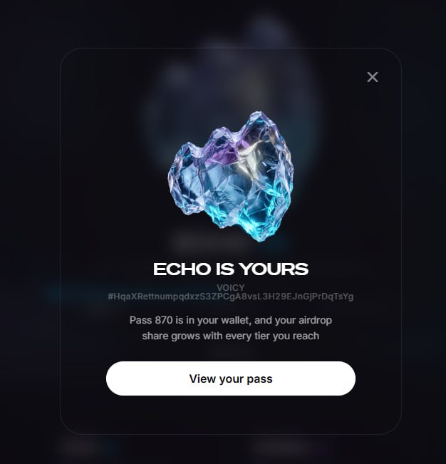 A modal window displays a glowing blue crystalline rock with the text "ECHO IS YOURS" and identifies the user as holding "VOICY" pass #870, confirming an airdrop reward. The accompanying post about VOICE's Time Capsule feature relates to the image by showing the "Echo" reward users can earn for participating in this prediction-locking feature.