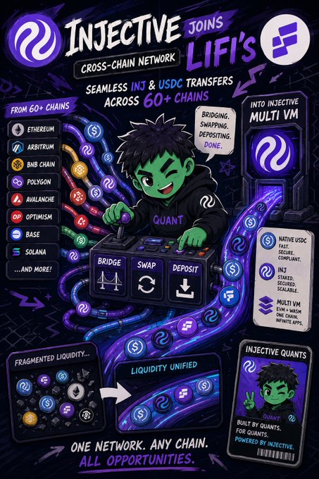 A promotional graphic for Injective joining LiFi's cross-chain network, featuring a cartoon green-skinned character labeled 'QUANT' operating a control panel with Bridge, Swap, and Deposit functions, highlighting support for 60+ chains including Ethereum, Arbitrum, BNB Chain, Polygon, Avalanche, Optimism, Base, and Solana.