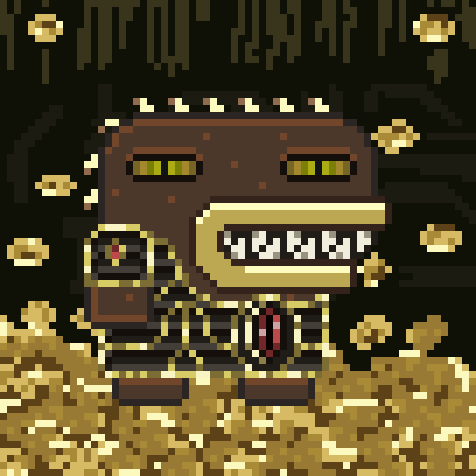 Pixel art sprite of a dark brown treasure chest monster character with gold trim, green eyes, and sharp teeth, wearing a gold chain with a red gem, standing amid a pile of gold coins.