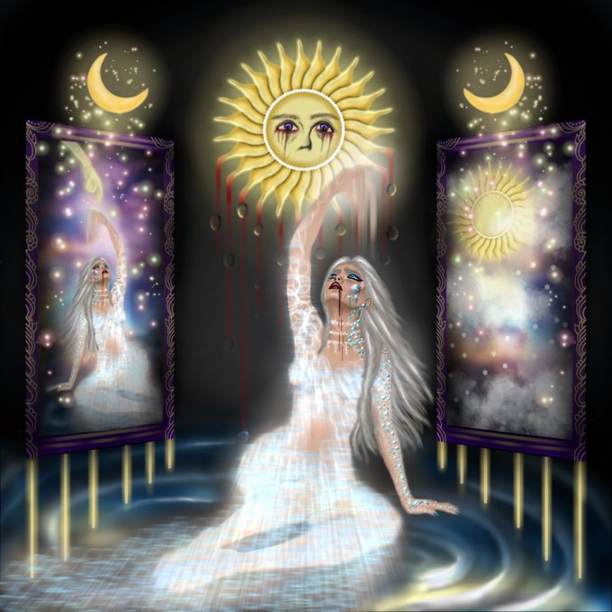 A mystical woman in a flowing white dress emerges from shimmering water beneath a weeping sun, flanked by two ornate framed panels depicting celestial scenes with crescent moons and stars—evoking the ethereal, otherworldly nature of "The Impossible" NFT artwork sold on Tezos.
