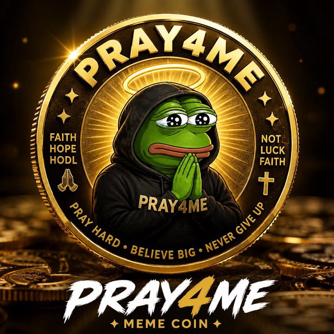 A gold coin graphic featuring the Pepe the Frog meme character in a praying pose wearing a hoodie, labeled "PRAY4ME" and "PRAY4ME MEME COIN".