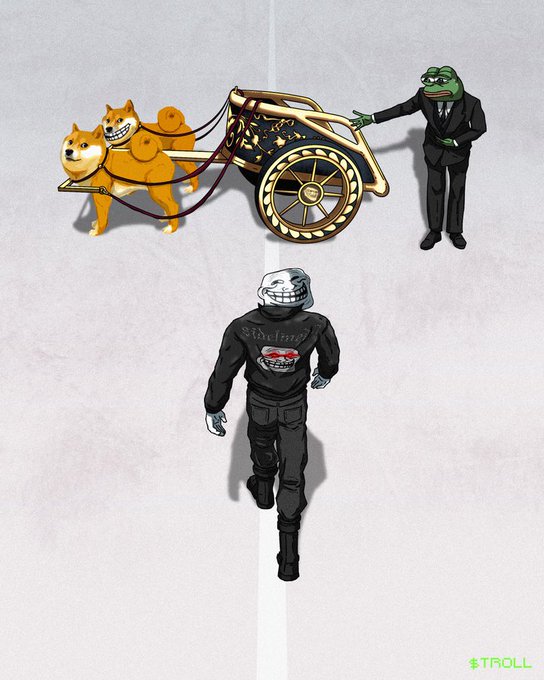 A meme illustration showing a cartoon frog in a suit driving a chariot pulled by two Shiba Inu dogs, with a Trollface character walking in the foreground.