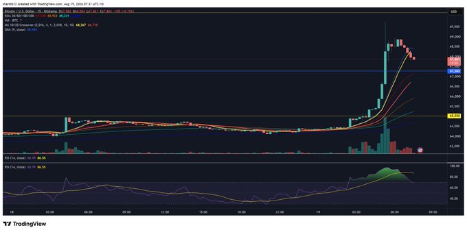 A TradingView chart of Bitcoin (BTC/USD) shows a sharp price spike reaching ~$69,349 followed by a pullback, with the price currently hovering near a blue horizontal support line around the $67,800 area on the 30-minute timeframe. The accompanying observation about holding the blue line aligns with this setup, as BTC appears to be testing that key support after the recent rally.