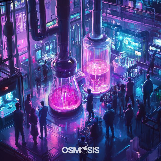 Cyberpunk-style digital art of a futuristic laboratory with glowing pink beakers and people observing, branded with the 'OSMOSIS' logo.