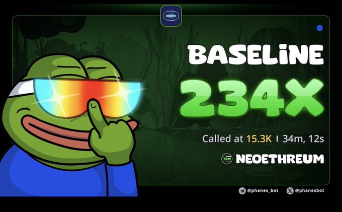 A meme graphic featuring a Pepe-style frog character with laser-beam sunglasses next to large green text reading 'BASELINE 234X Called at 15.3K | 34m, 12s' with 'NEOETHREUM' branding.