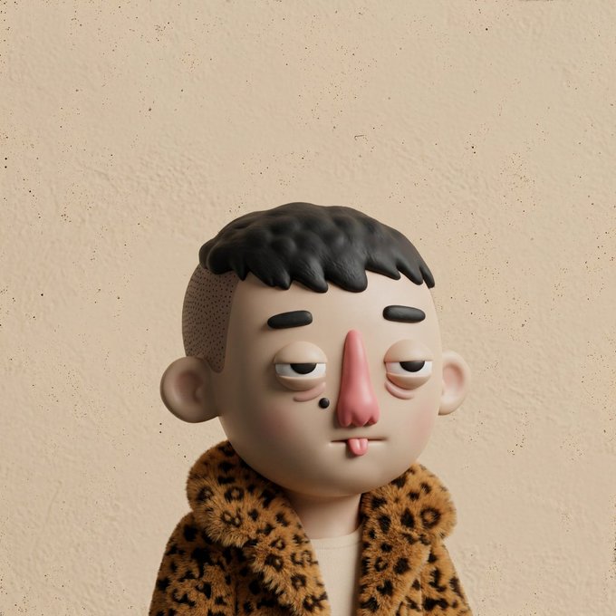 A 3D-rendered character of a young man with dark hair, half-closed sleepy eyes, a small mole, and pinkish lips, wearing a fuzzy leopard-print jacket.