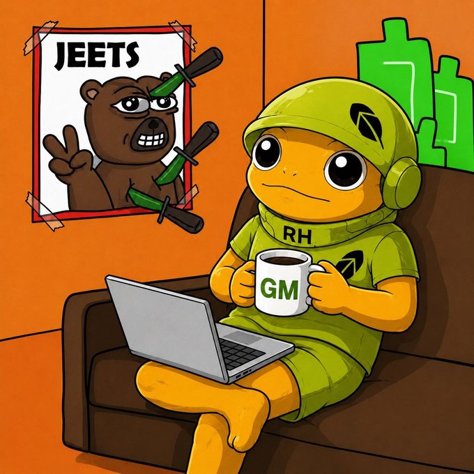 Cartoon illustration of a yellow turtle-like character wearing green clothing and a helmet, holding a 'GM' mug while using a laptop; behind them is a poster reading 'JEETS' featuring an angry bear and green knives.