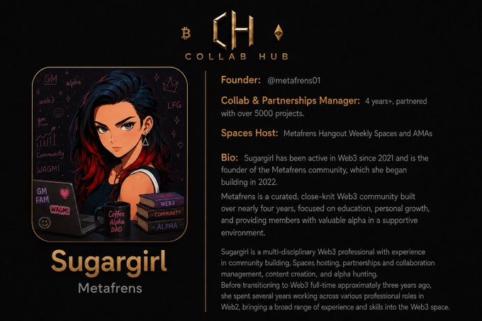 A Collab Hub profile card for 'Sugargirl' from Metafrens, showing an illustrated avatar and listing roles as Founder (@metafrens01), Collab & Partnerships Manager, and Spaces Host with a detailed bio.