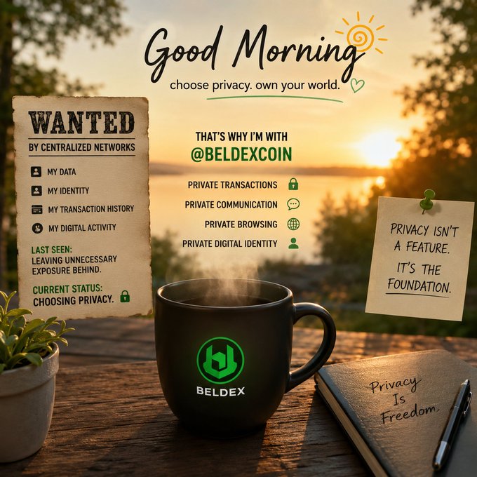 A promotional graphic for 'BELDEX COIN' featuring a steaming mug, a 'WANTED' poster listing items like 'MY DATA' and 'MY IDENTITY', and text stating 'Good Morning - choose privacy. own your world.'