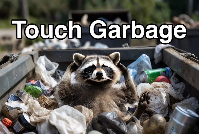 A raccoon sits in a dumpster surrounded by trash bags and discarded items, with large white text overlay reading 'Touch Garbage'.