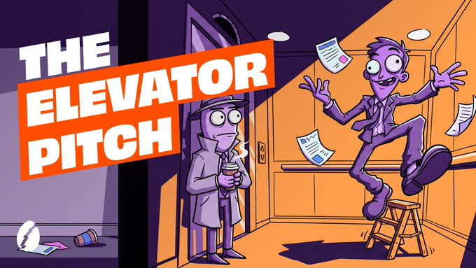 A cartoon illustration shows two characters in an elevator with bold text reading 'THE ELEVATOR PITCH'.