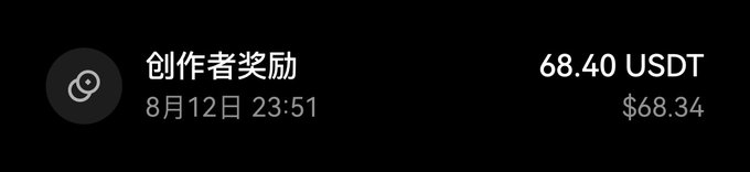 A notification banner showing '创作者奖励' (Creator Reward) of 68.40 USDT, dated 8月12日 23:51, with a chain link icon on a black background.
