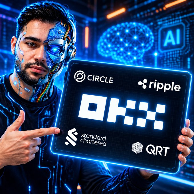 A futuristic man with cybernetic enhancements holds up a glowing tablet displaying the OKX logo alongside Circle, Ripple, QRT, and Standard Chartered, symbolizing the shift from traditional branch banking to AI-driven, mobile, and crypto-integrated finance—mirroring how companies like Ripple and QRT are now strategically investing in Circle to reshape the financial landscape.