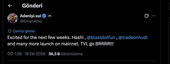 A Turkish Twitter/X post by Adeniyi.sui (@EmanAbio) reading 'Excited for the next few weeks. Hashi, @blastdotfun, @tradeonhudi and many more launch on mainnet. TVL go BRRR!!!' with 36.3K views, dated 18 Eki 2026.