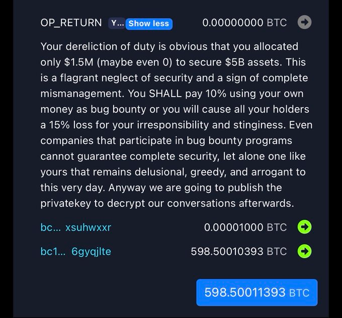 A screenshot of a cryptocurrency transaction showing an OP_RETURN message demanding a 10% bug bounty or 15% loss, with two Bitcoin addresses and a total of 598.50011393 BTC.