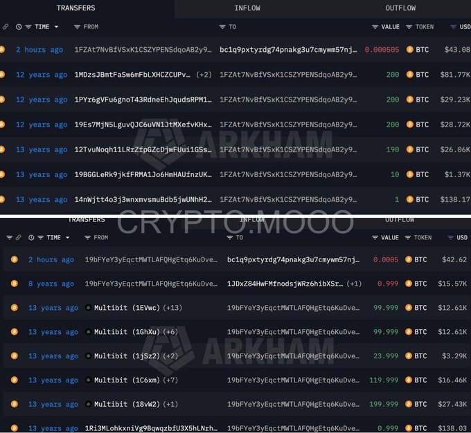 A screenshot of cryptocurrency transaction records in BTC with USD values, watermarked with 'CRYPTO.MOOO' and 'ARKHAM'.