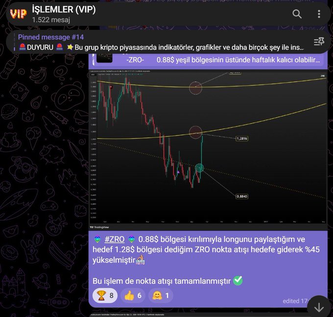 A pinned message in the "İŞLEMLER (VIP)" Telegram channel showcases a #ZRO cryptocurrency chart with technical analysis, highlighting a 45% gain from the 0.88$ breakout region to the 1.28$ target, demonstrating a successful long position call from the free altcoin group.