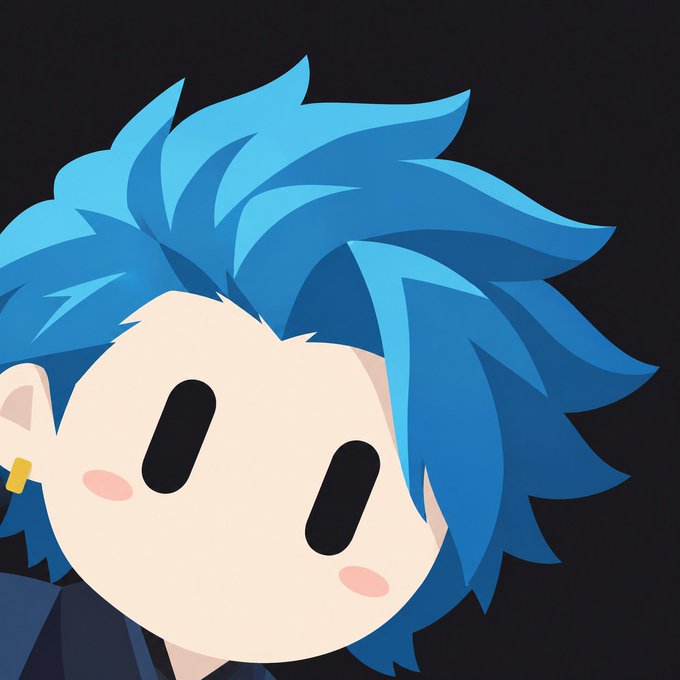 Digital illustration of a chibi-style character with messy blue hair, black oval eyes, pink blush marks, and a small gold earring against a black background.