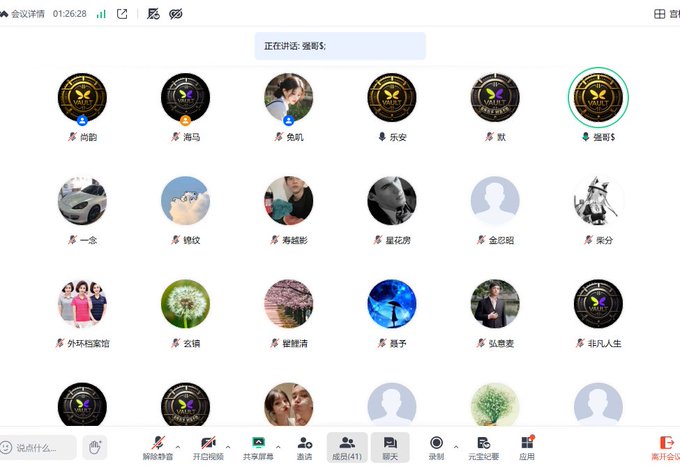 A screenshot of a Chinese video conference call titled '正在讲话: 强哥5' showing multiple participants' avatars, including one speaking and others muted.