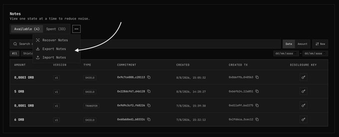 A dark-themed notes interface displays a table of blockchain transactions showing shield and transfer operations, with a dropdown menu highlighting "Recover Notes" and "Import Notes" options. The entries include amounts like 0.0003 ORB, 5 ORB, 0.0001 ORB, and 6 ORB, with a visible message stating "No more shield minimum. You used to need a whole token," illustrating the Orbinum testnet's runtime upgrade that now allows shielding of any non-zero amount.