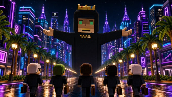 A colossal Minecraft figure with green eyes and a pixelated crown looms over a neon-lit cityscape, while five suited blocky figures carrying briefcases walk toward it down a palm-lined boulevard. The image illustrates the post's idea of a dramatic financial rotation, with the towering figure representing a dominant force (likely the "Stackers") being approached by a procession of former players ("Stonkbrokers").