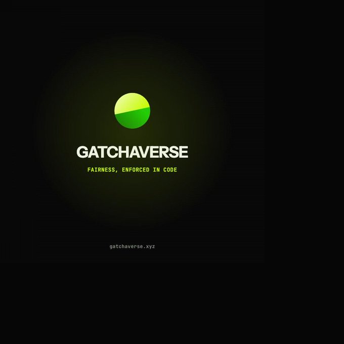 A dark promotional graphic features the green circular logo and name "GATCHAVERSE" with the tagline "FAIRNESS, ENFORCED IN CODE" and the website "gatchaverse.xyz" displayed below. The image serves as a branded announcement for the Gatchaverse launchpad's upcoming debut on Robinhood and its Genesis Quest mint event.