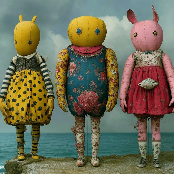 Surreal artwork featuring three handmade fabric dolls with insect/animal-like heads (a yellow bee, a round yellow figure, and a pink bunny) wearing floral dresses standing on a rock by the sea.