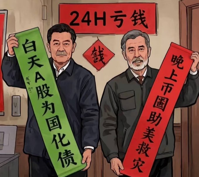 A stylized illustration shows two men holding Chinese couplets with red and green banners reading "24H 亏钱" (Lose money 24 hours), "白天A股为国化债" (Daytime A-shares nationalize debt), and "晚上币圈助美救灾" (Evening crypto helps America with disaster relief), with a "钱" (money) character displayed centrally.