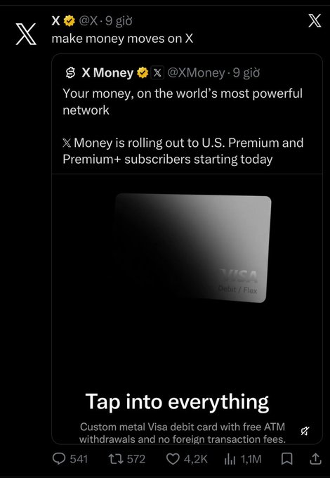 A screenshot of an X (Twitter) post from @XMoney announcing the rollout of X Money to U.S. Premium and Premium+ subscribers, featuring an image of a Visa debit card.